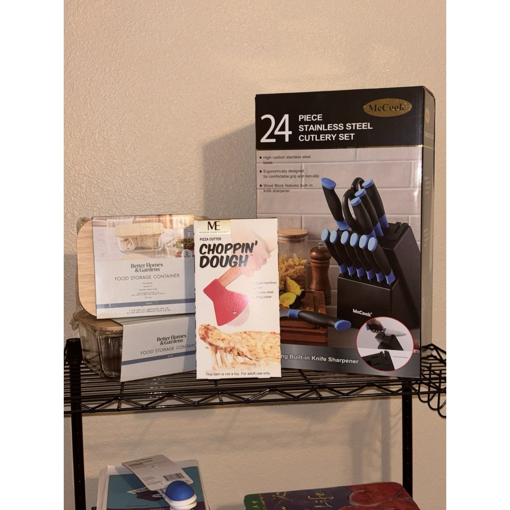 New Kitchen Bundle: 24pc Knife Set, 2x BHG Glass Storage, Axe Pizza Cutter